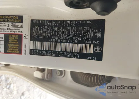 2017 Toyota Camry Se из США, поврежденный, VIN 4T1BF1FK3HU417036